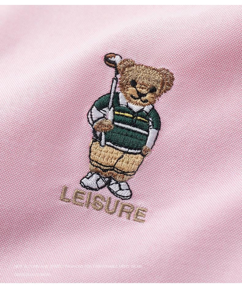 Men’s Slim Fit Ralph Lauren Inspired Embroidered Bear Casual Shirt – Lavender Grey, Mint, White, Pink | Astroflik