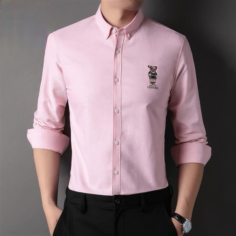 Men’s Slim Fit Ralph Lauren Inspired Embroidered Bear Casual Shirt – Lavender Grey, Mint, White, Pink | Astroflik