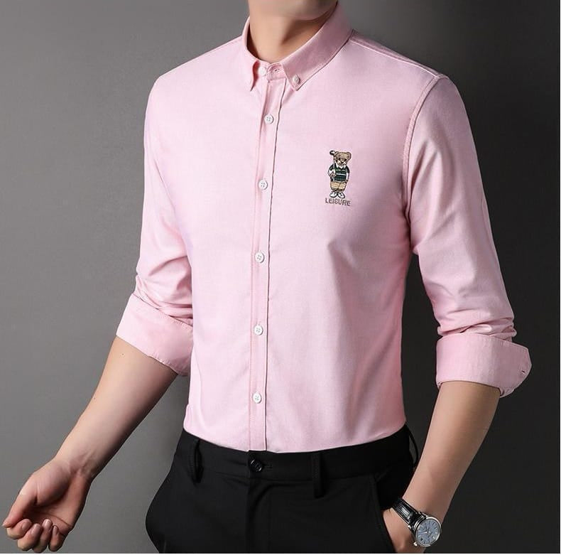 Men’s Slim Fit Ralph Lauren Inspired Embroidered Bear Casual Shirt – Lavender Grey, Mint, White, Pink | Astroflik