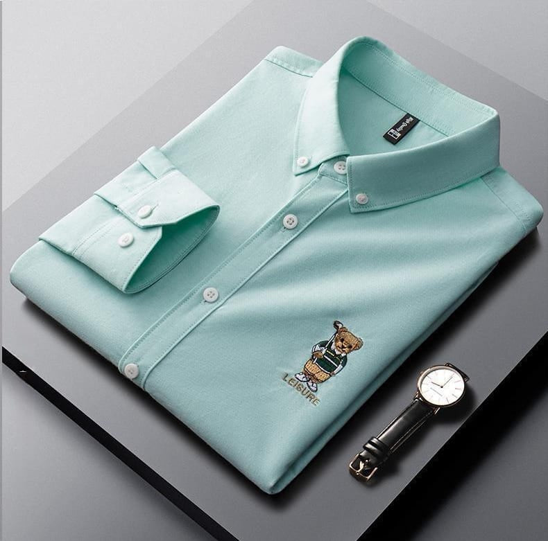 Men’s Slim Fit Ralph Lauren Inspired Embroidered Bear Casual Shirt – Lavender Grey, Mint, White, Pink | Astroflik