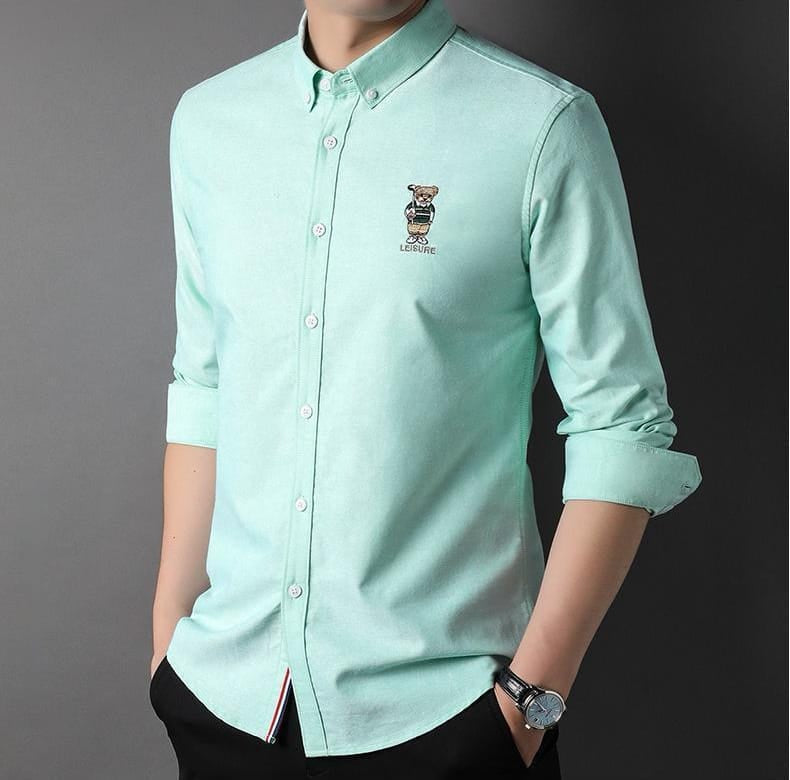 Men’s Slim Fit Ralph Lauren Inspired Embroidered Bear Casual Shirt – Lavender Grey, Mint, White, Pink | Astroflik