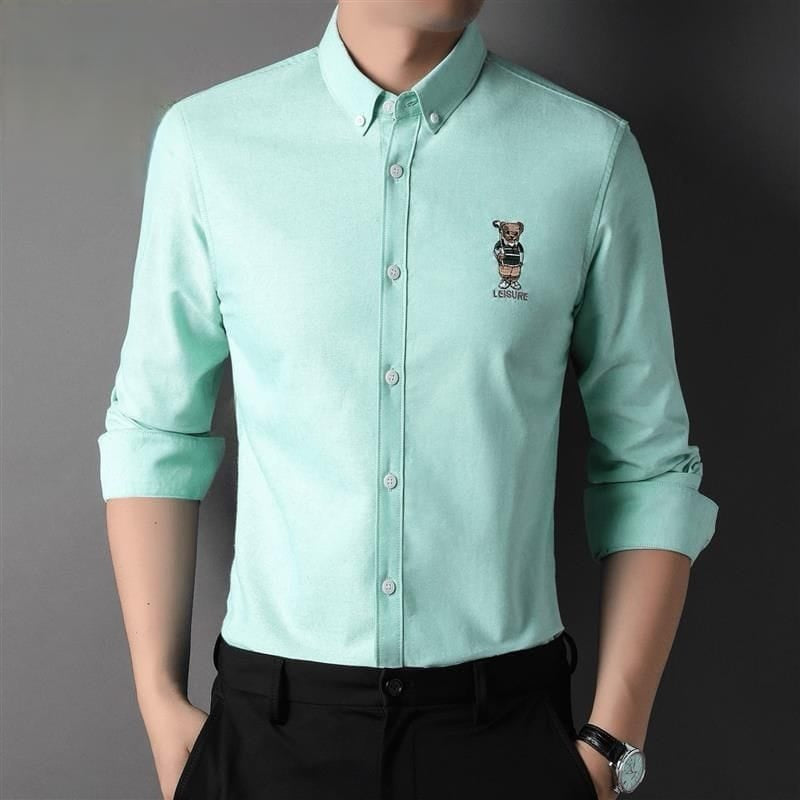 Men’s Slim Fit Ralph Lauren Inspired Embroidered Bear Casual Shirt – Lavender Grey, Mint, White, Pink | Astroflik