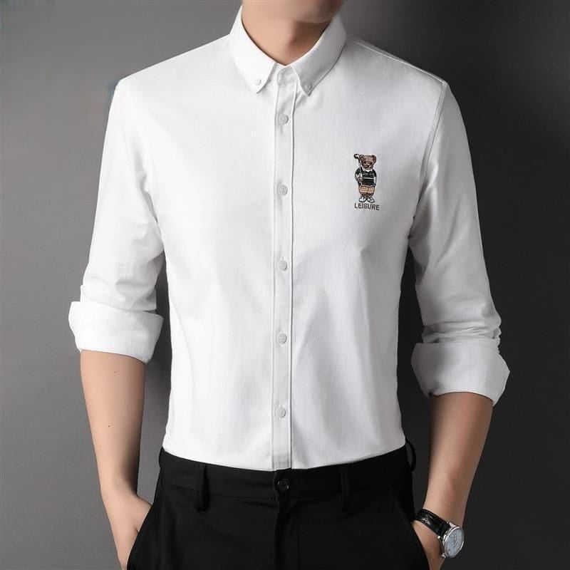 Men’s Slim Fit Ralph Lauren Inspired Embroidered Bear Casual Shirt – Lavender Grey, Mint, White, Pink | Astroflik