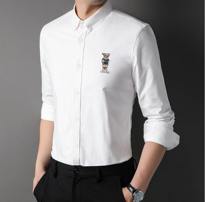 Men’s Slim Fit Ralph Lauren Inspired Embroidered Bear Casual Shirt – Lavender Grey, Mint, White, Pink | Astroflik