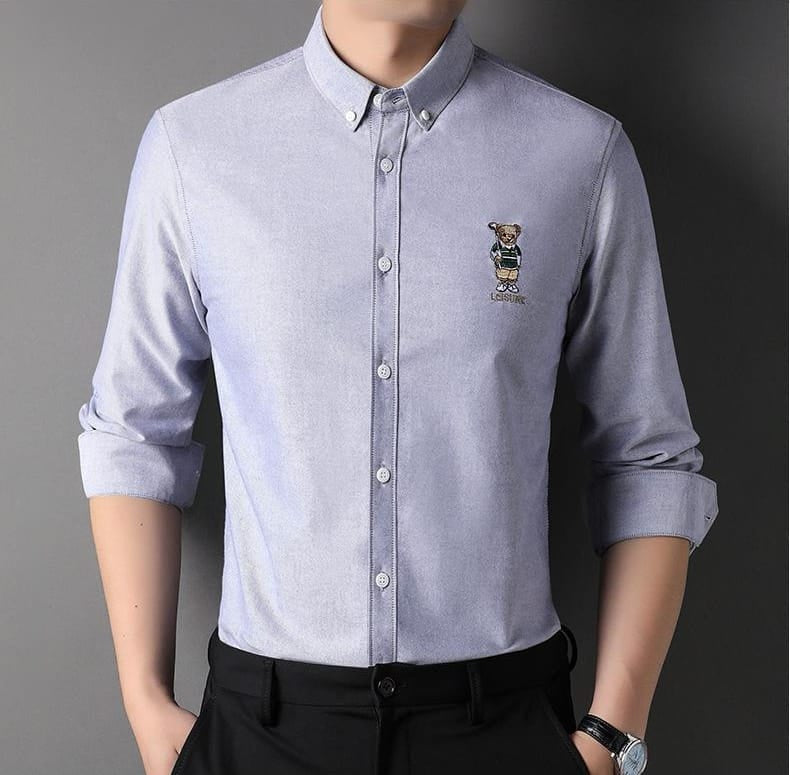 Men’s Slim Fit Ralph Lauren Inspired Embroidered Bear Casual Shirt – Lavender Grey, Mint, White, Pink | Astroflik