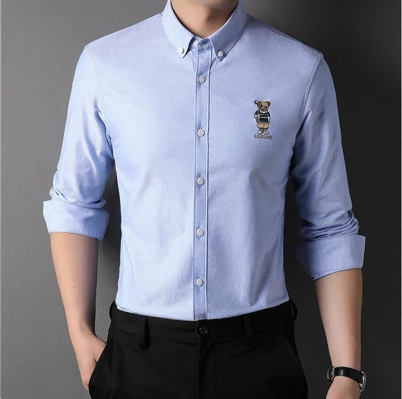 Men’s Slim Fit Ralph Lauren Inspired Embroidered Bear Casual Shirt – Lavender Grey, Mint, White, Pink | Astroflik