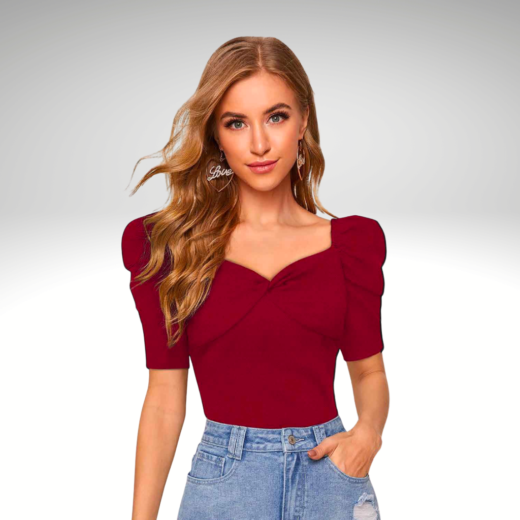 Astroflik Knitted Puff Sleeve Sweetheart Top