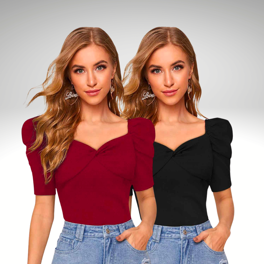 Astroflik Knitted Puff Sleeve Sweetheart Top