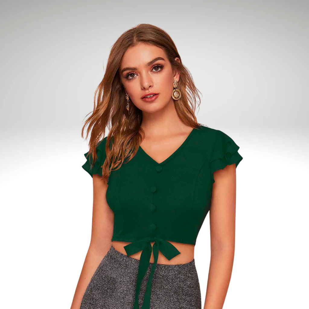 Astroflik Button-Front Ruffle Sleeve Tie-Up Crop Top