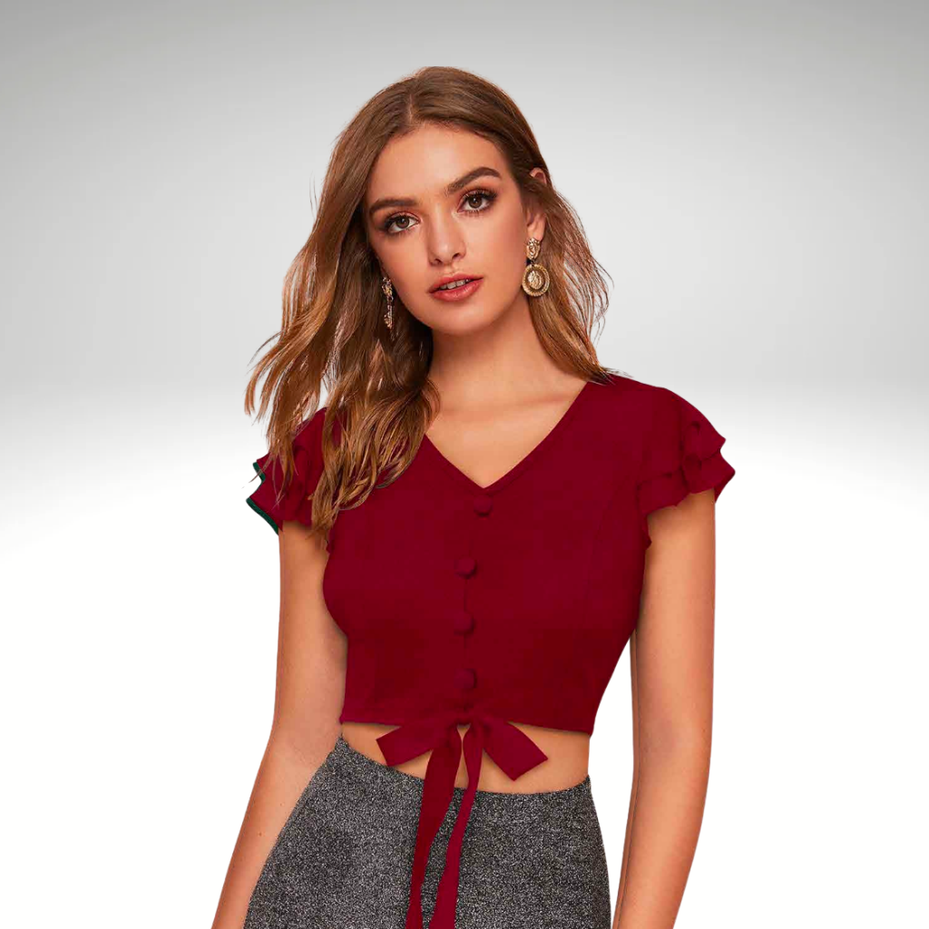 Astroflik Button-Front Ruffle Sleeve Tie-Up Crop Top
