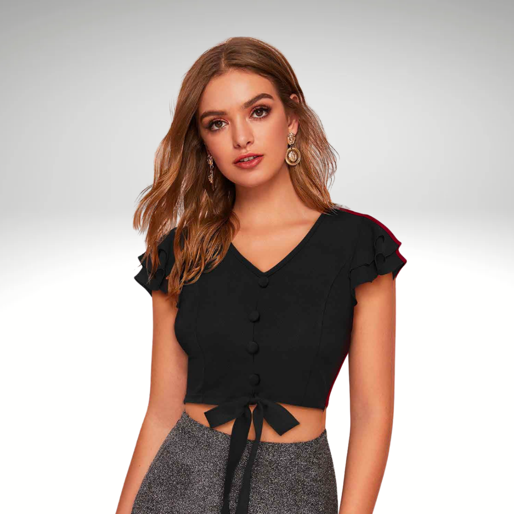Astroflik Button-Front Ruffle Sleeve Tie-Up Crop Top