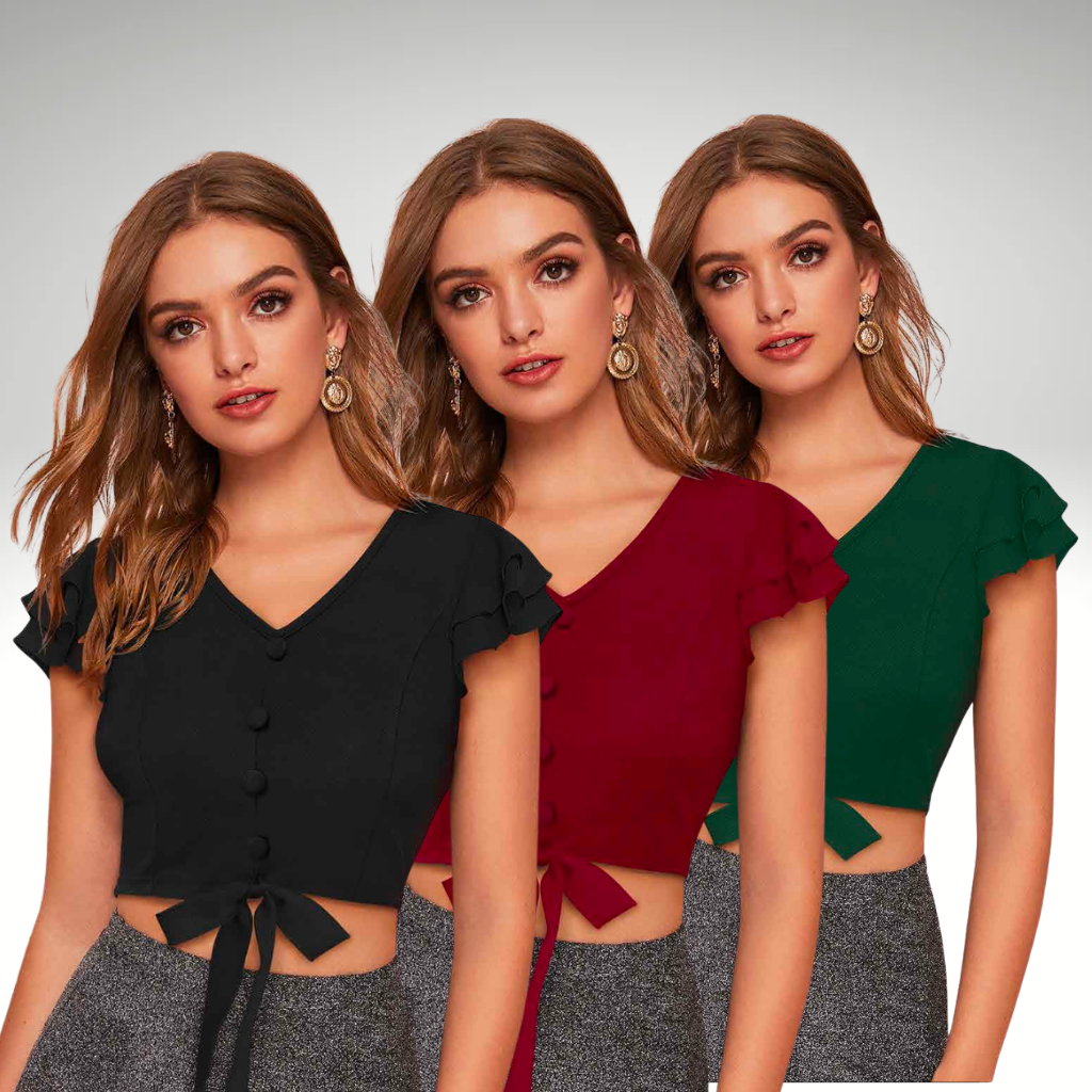 Astroflik Button-Front Ruffle Sleeve Tie-Up Crop Top