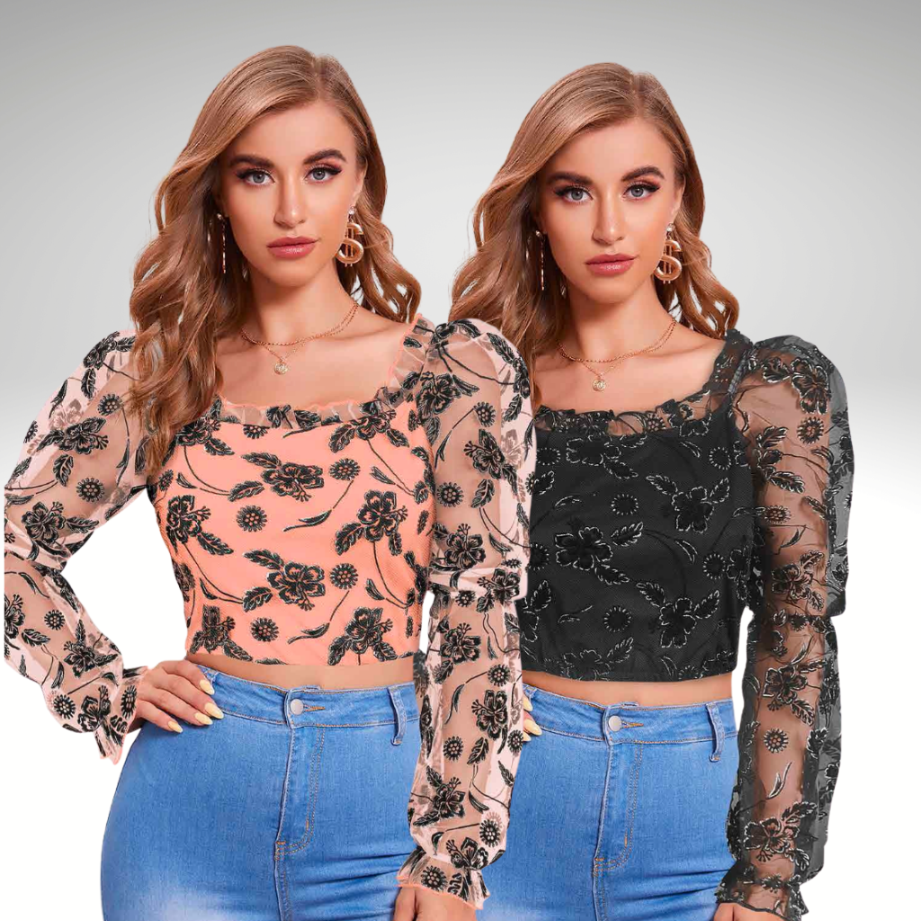 Floral Sheer Mesh Puff Sleeve Crop Top – Astroflik