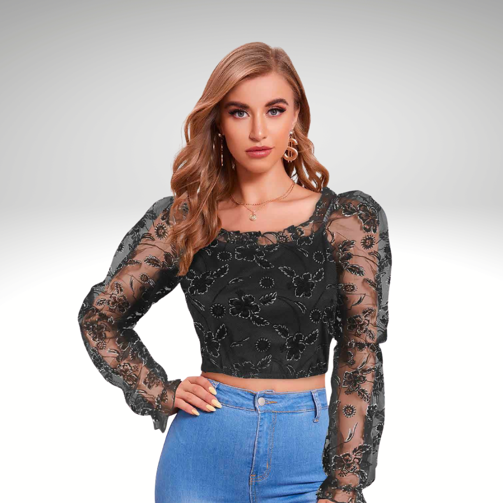 Floral Sheer Mesh Puff Sleeve Crop Top – Astroflik
