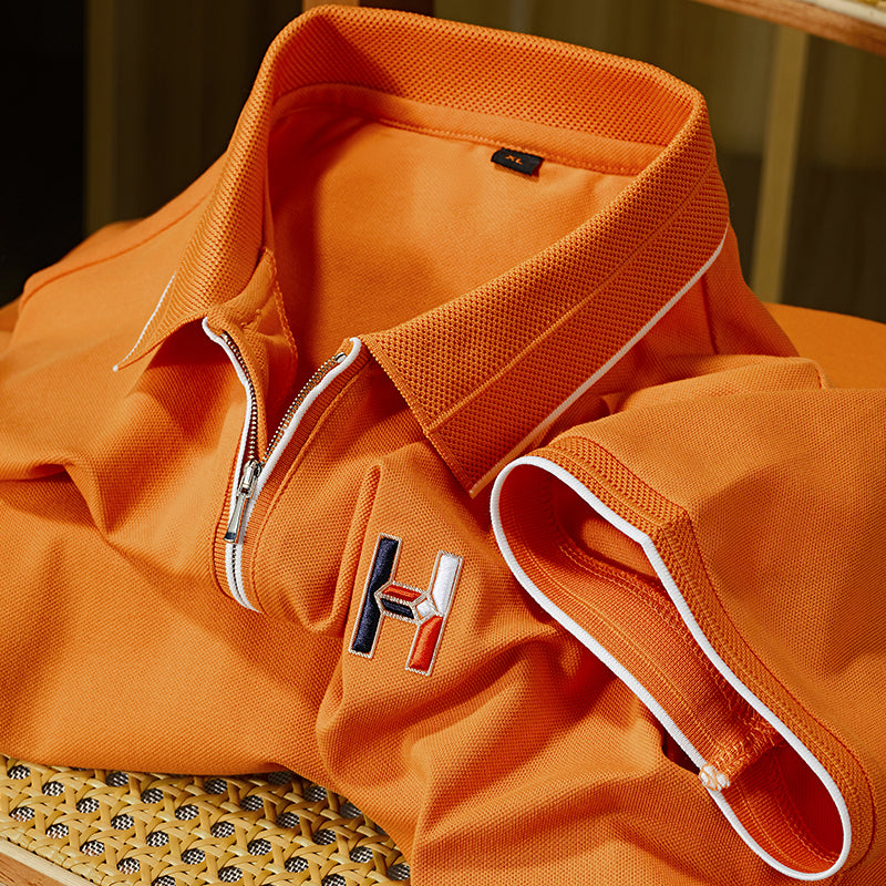 Men’s Half-Zip Polo T-Shirt with Orange Piping & Logo Detail